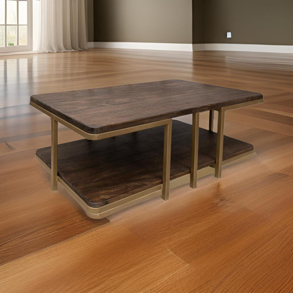 Nexa Cocktail Coffee Table, 51 Inch Rectangular with Shelf, Brown, Gold By Casagear Home