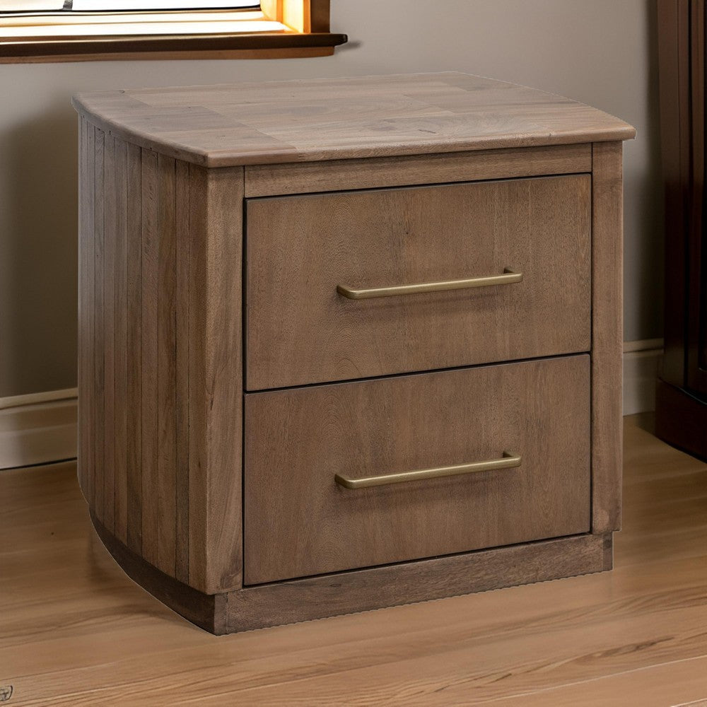 Okai 29 Inch Nightstand, 2 Drawers, Farmhouse Brown Mango Wood, Bronze By Casagear Home