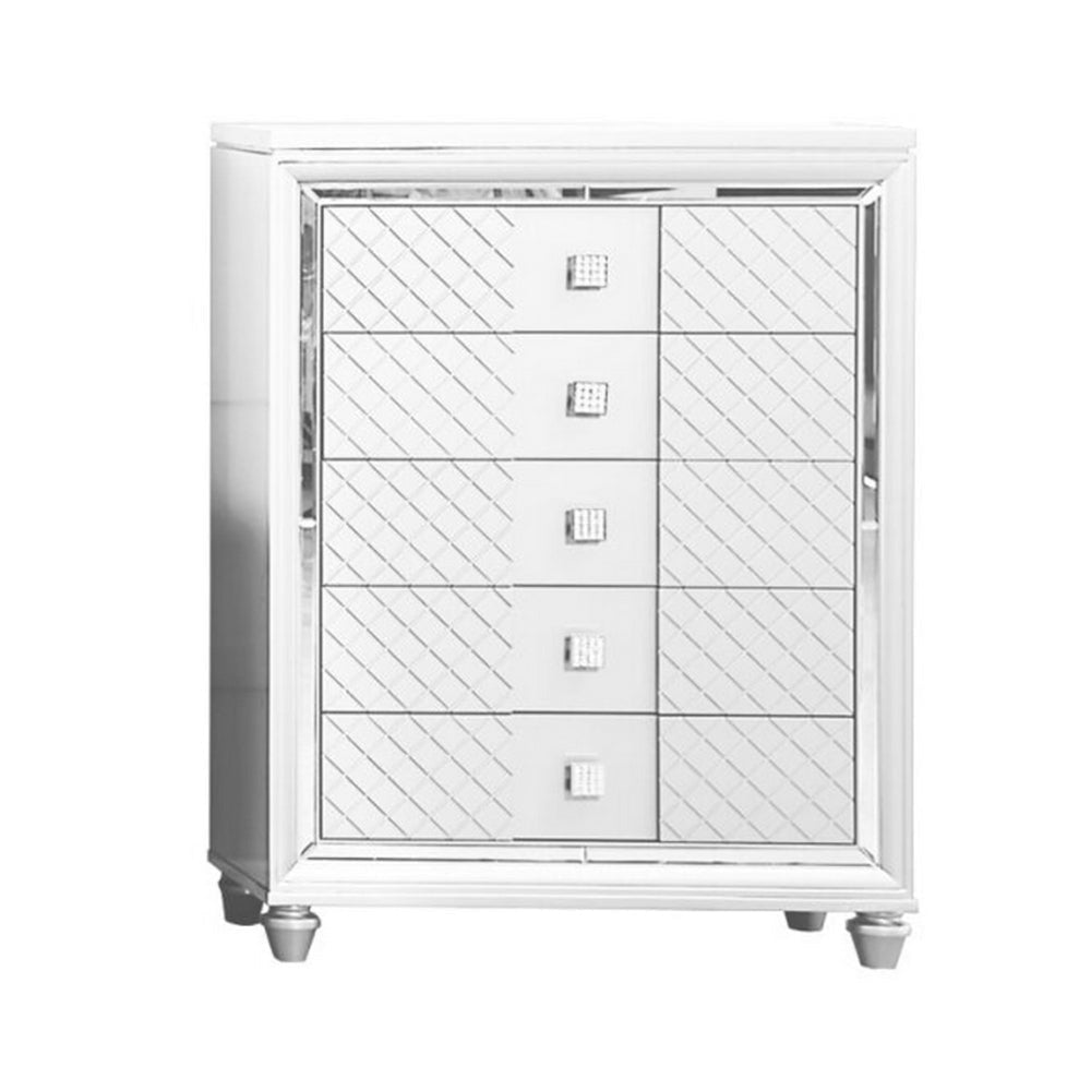 Moy Tall Dresser Chest, 5 Drawers, Crystal Knobs, Mirror Accent, White By Casagear Home