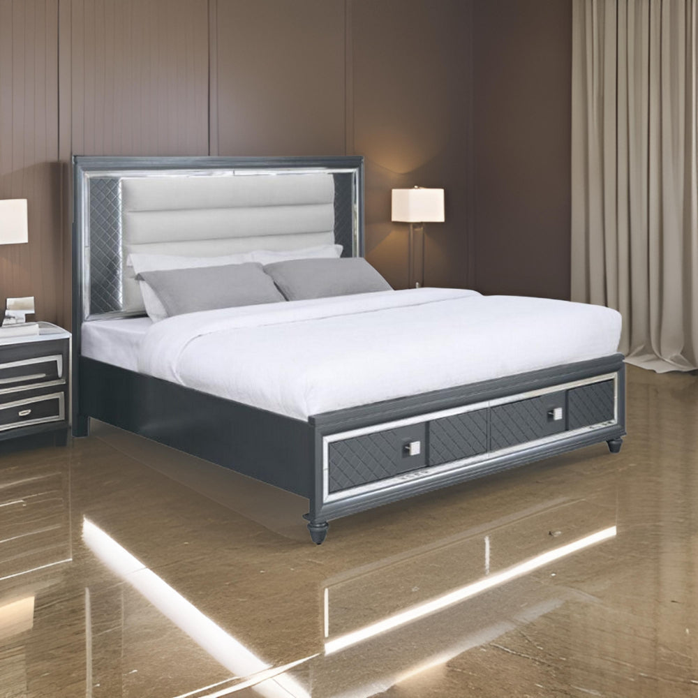 Moy King Size Bed LED Gray Upholstered Headboard and Footboard Storage By Casagear Home BM319156