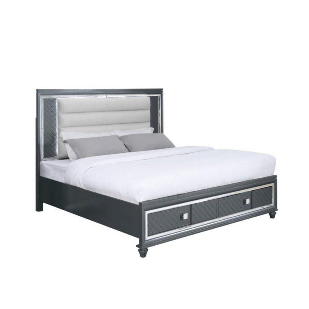 Moy King Size Bed, LED, Gray Upholstered Headboard and Footboard Storage By Casagear Home