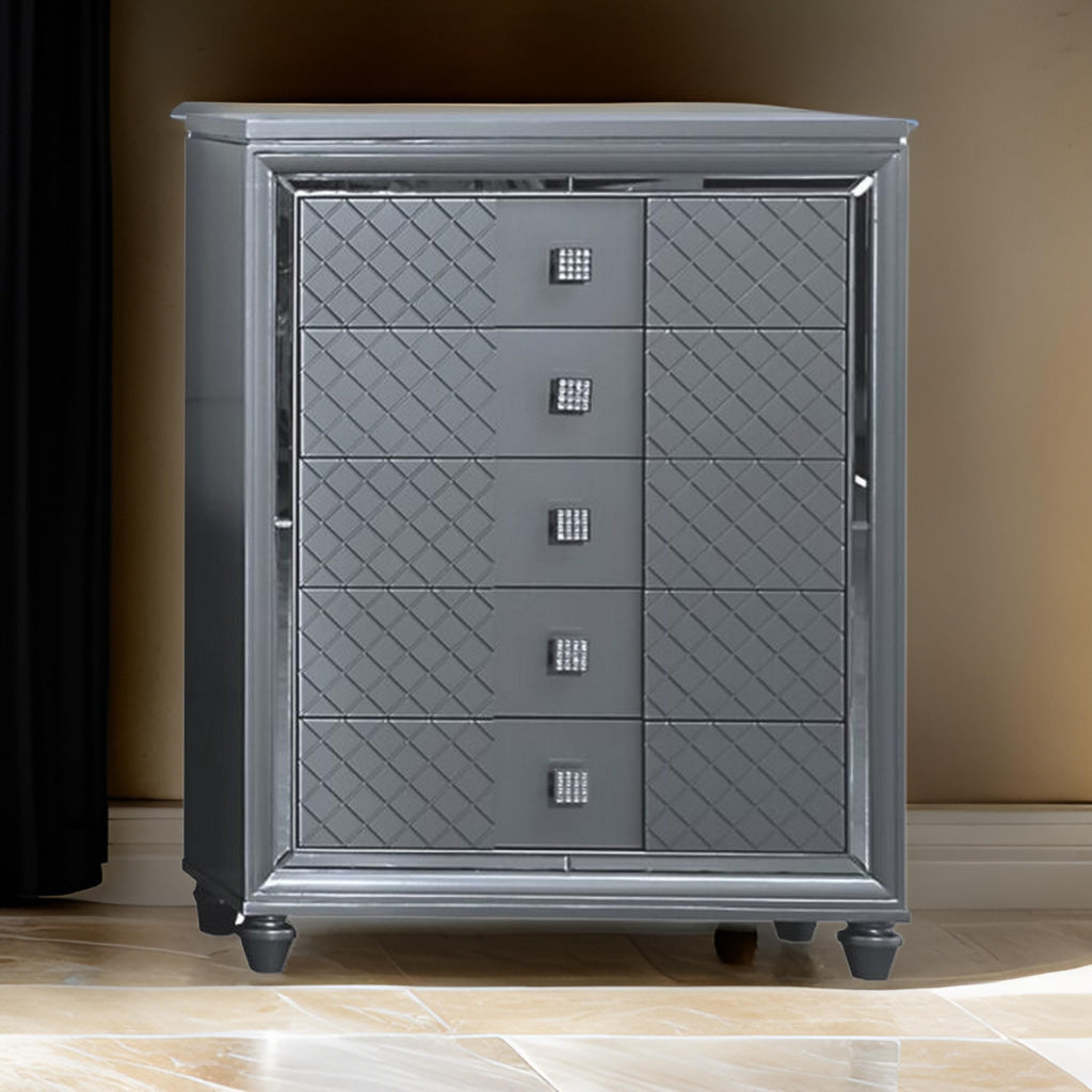 Moy Tall Dresser Chest, 5 Drawers with Crystal Knobs, Mirror Accent, Gray By Casagear Home