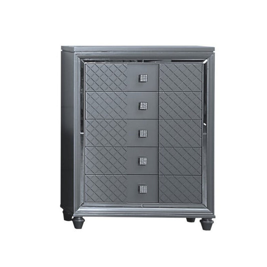 Moy Tall Dresser Chest, 5 Drawers with Crystal Knobs, Mirror Accent, Gray By Casagear Home