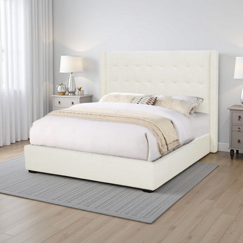 Lyn King Size Platform Bed, Wingback Headboard, Ivory Teddy Upholstery By Casagear Home