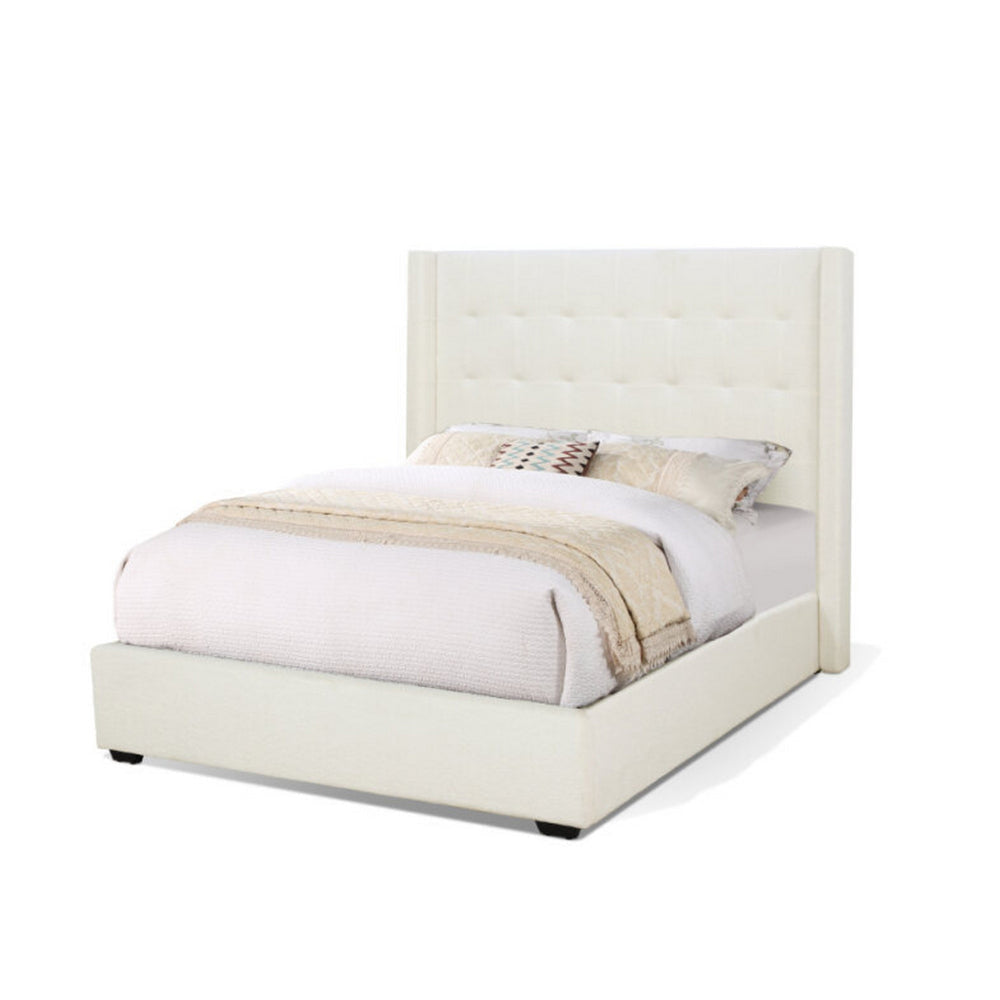 Lyn Queen Size Platform Bed, Wingback Headboard, Ivory Teddy Upholstery By Casagear Home