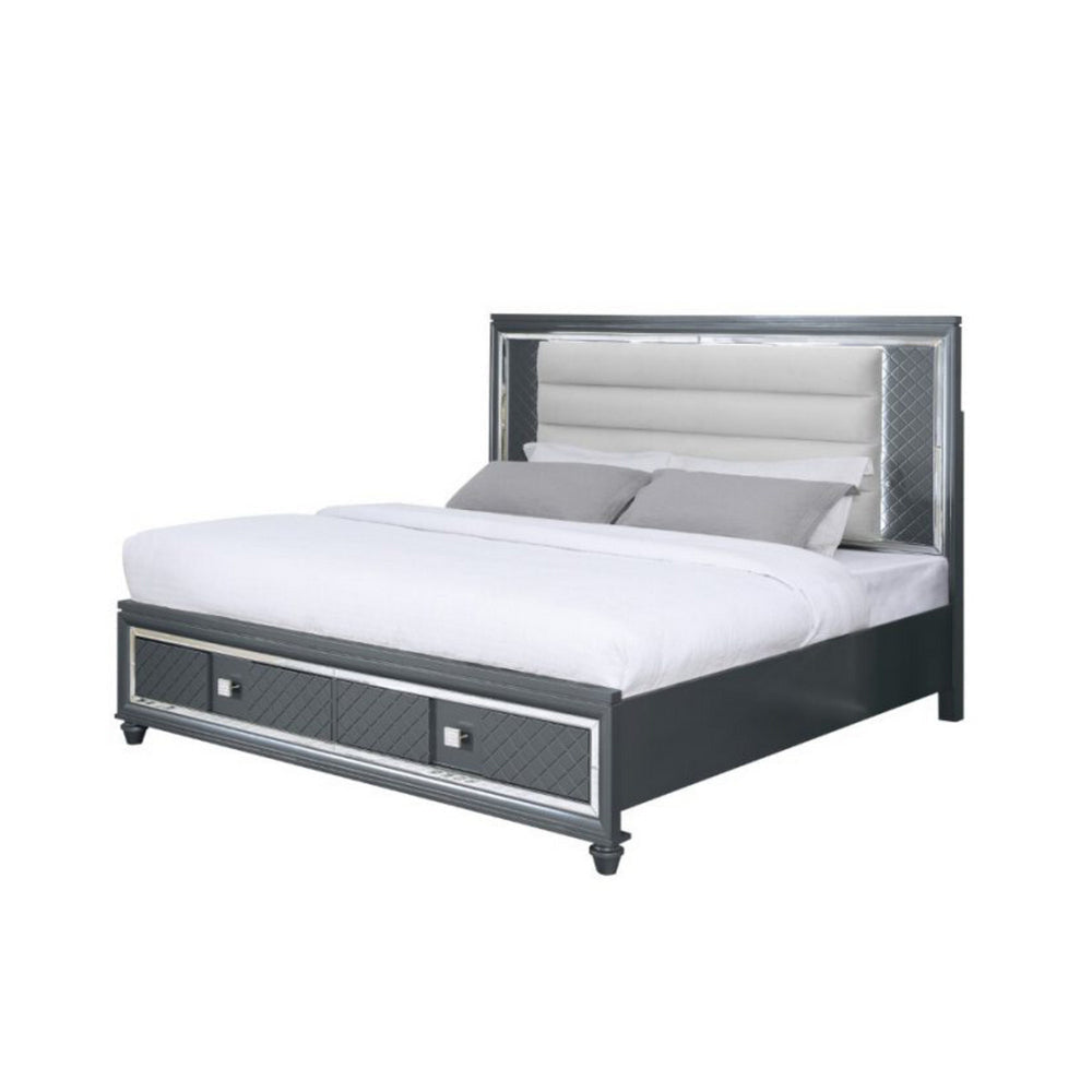 Seri King Size Bed with Storage Channel Tufted Gray Upholstery LED Light By Casagear Home BM319166