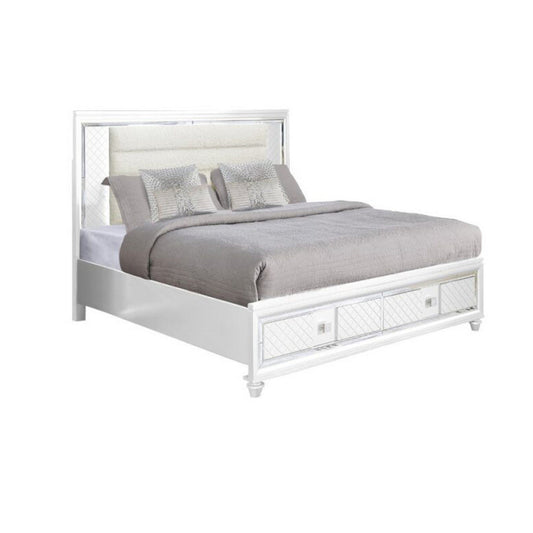 Seri Queen Bed with Storage, Channel Tufted White Upholstery, LED Light By Casagear Home