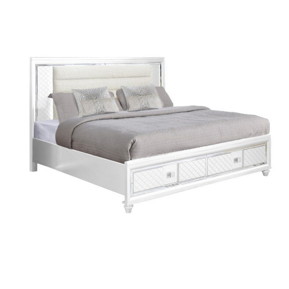 Seri King Bed with Storage, Channel Tufted White Upholstery, LED Light By Casagear Home