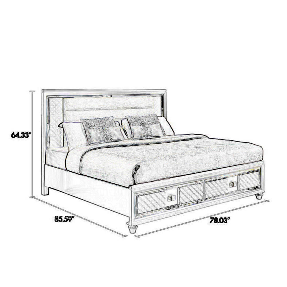 Seri King Bed with Storage Channel Tufted White Upholstery LED Light By Casagear Home BM319170