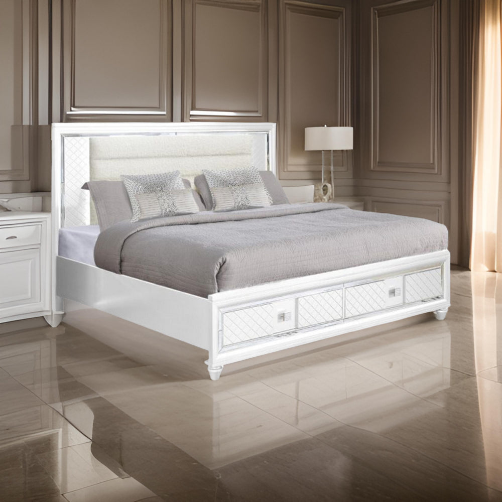 Seri King Bed with Storage Channel Tufted White Upholstery LED Light By Casagear Home BM319170