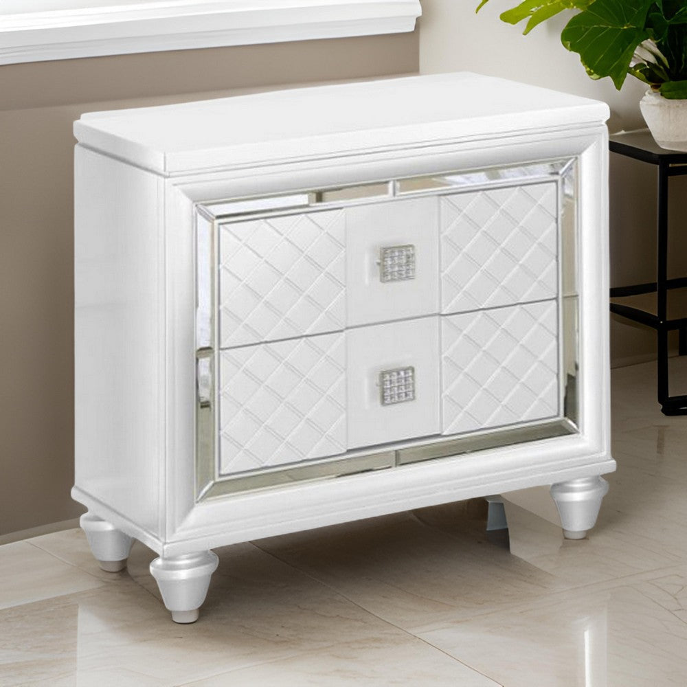 Seri Nightstand with 2 Drawers, 17 Inch, Diamond Pattern, White Solid Wood By Casagear Home