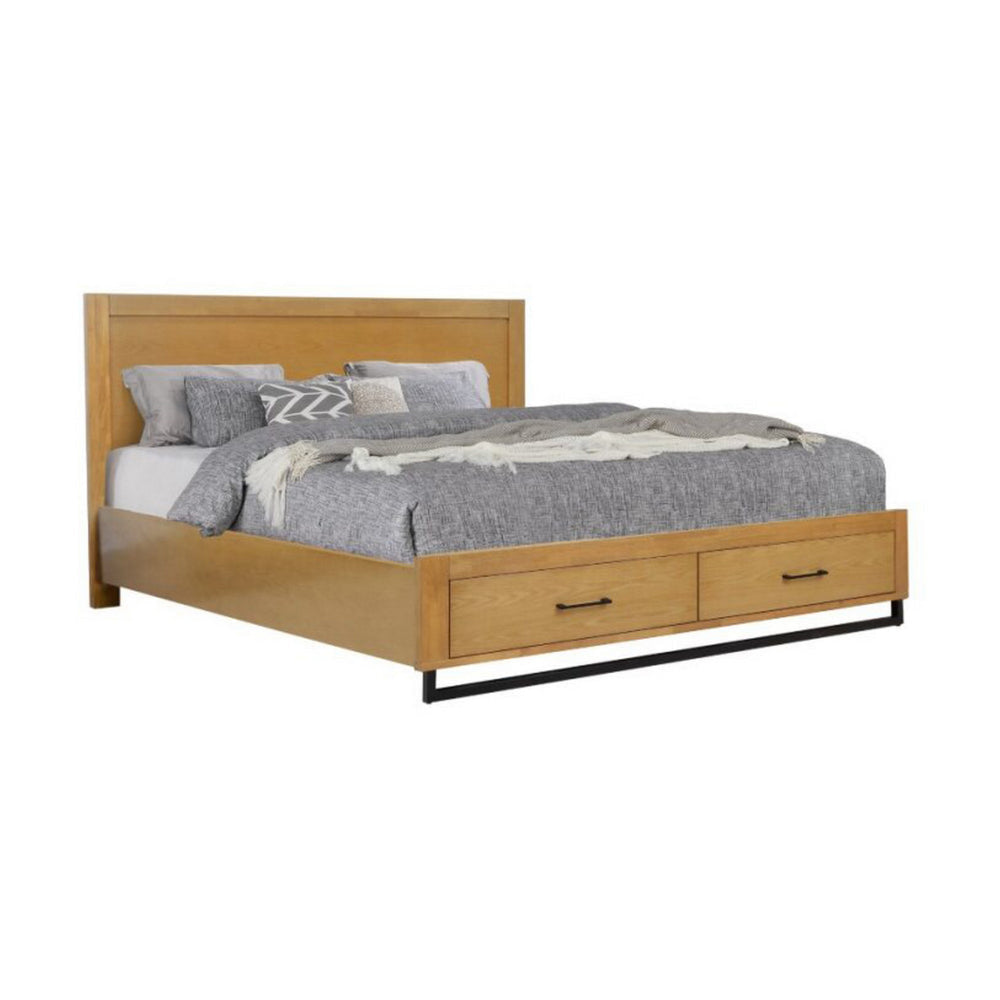 Larie Queen Size Bed with Storage, Black Metal Legs, Rustic Light Oak Brown By Casagear Home