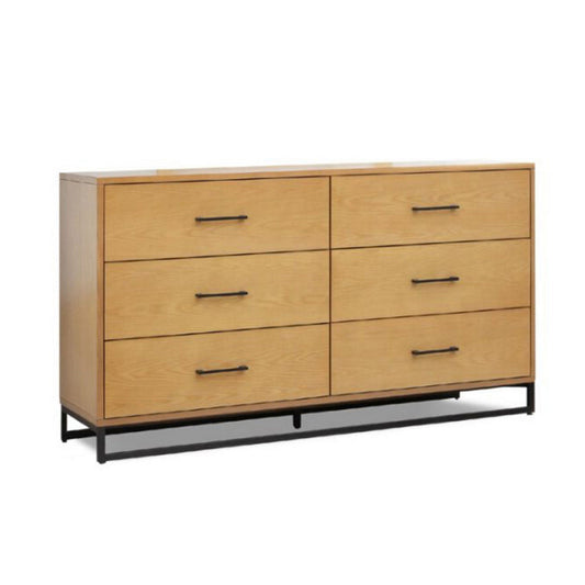 Larie Wide Dresser Chest with 6 Drawers, Bar Handles, Light Oak Brown By Casagear Home