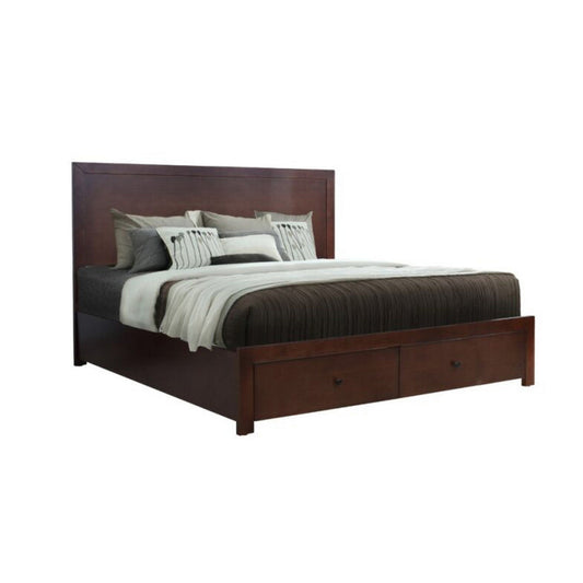 Wane King Size Bed, Footboard Storage, Metal Handles, Dark Walnut Brown By Casagear Home