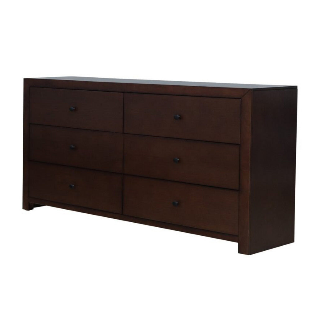 Wane Wide Dresser Chest 6 Drawers Metal Handles Dark Walnut Brown Wood By Casagear Home BM319181