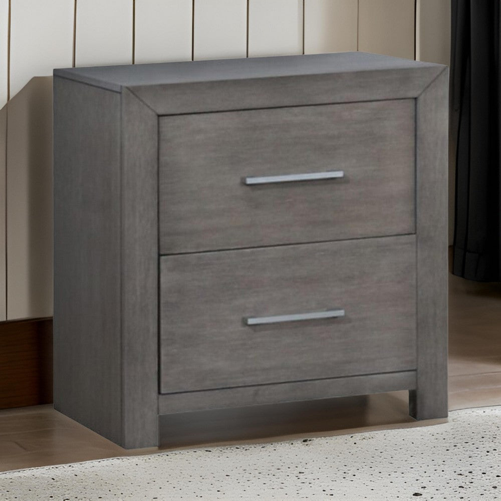 Wane Nightstand with 2 Drawers, 16 Inch, Metal Knobs, Gray Wood Finish By Casagear Home