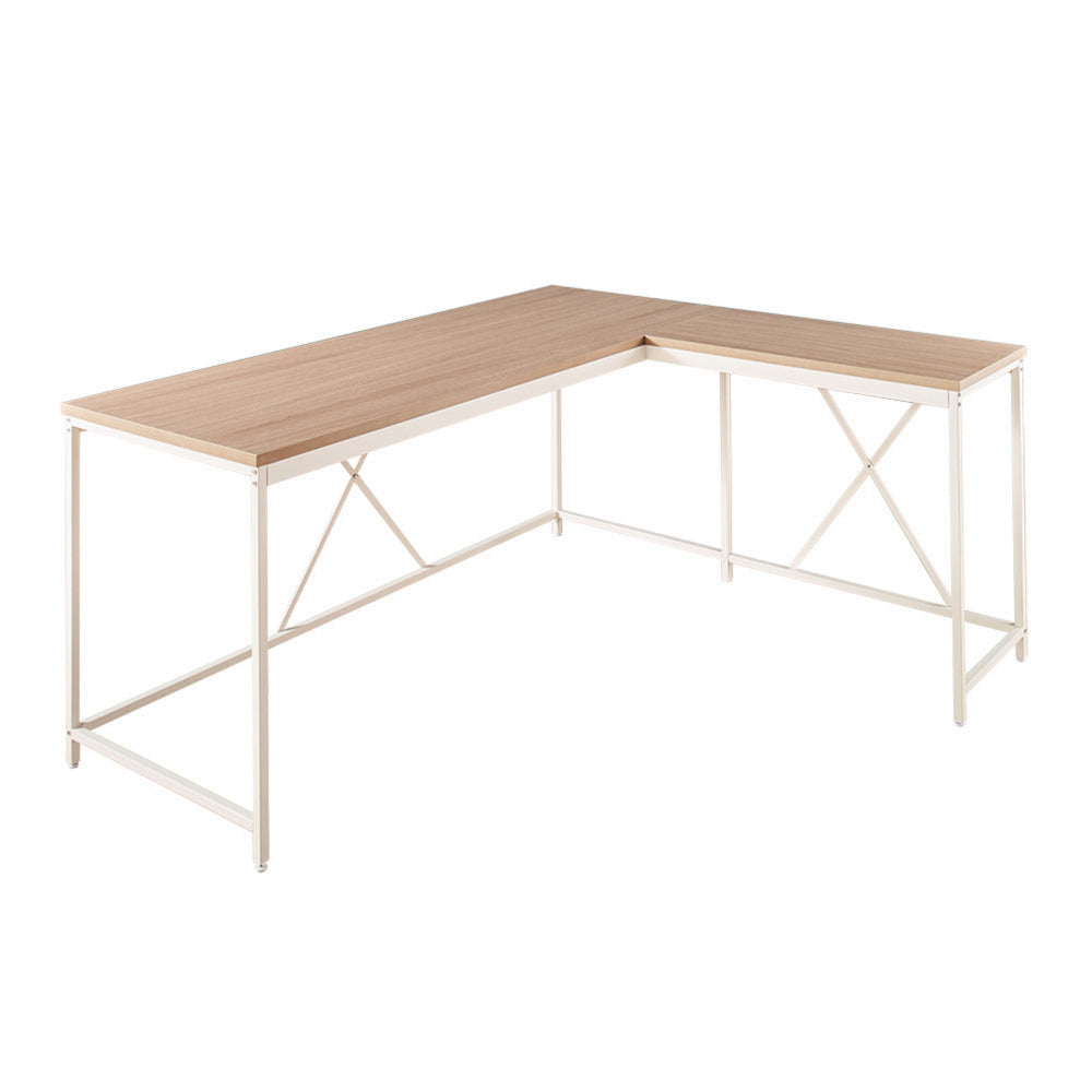 Posy Corner Desk L Shaped White Metal Frame X Crossed Oak Brown Wood Top By Casagear Home BM319195