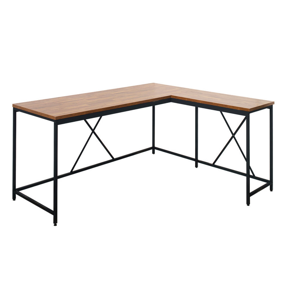 Posy Corner Desk L Shaped Black Metal Frame X Crossed Oak Brown Wood Top By Casagear Home BM319196