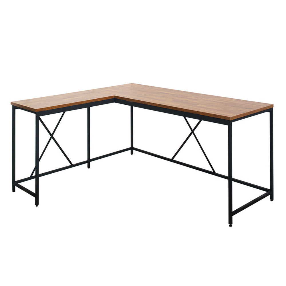 Posy Corner Desk, L Shaped Black Metal Frame, X Crossed, Oak Brown Wood Top By Casagear Home