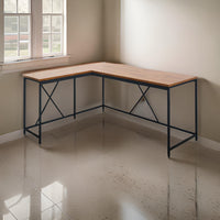 Posy Corner Desk, L Shaped Black Metal Frame, X Crossed, Oak Brown Wood Top By Casagear Home