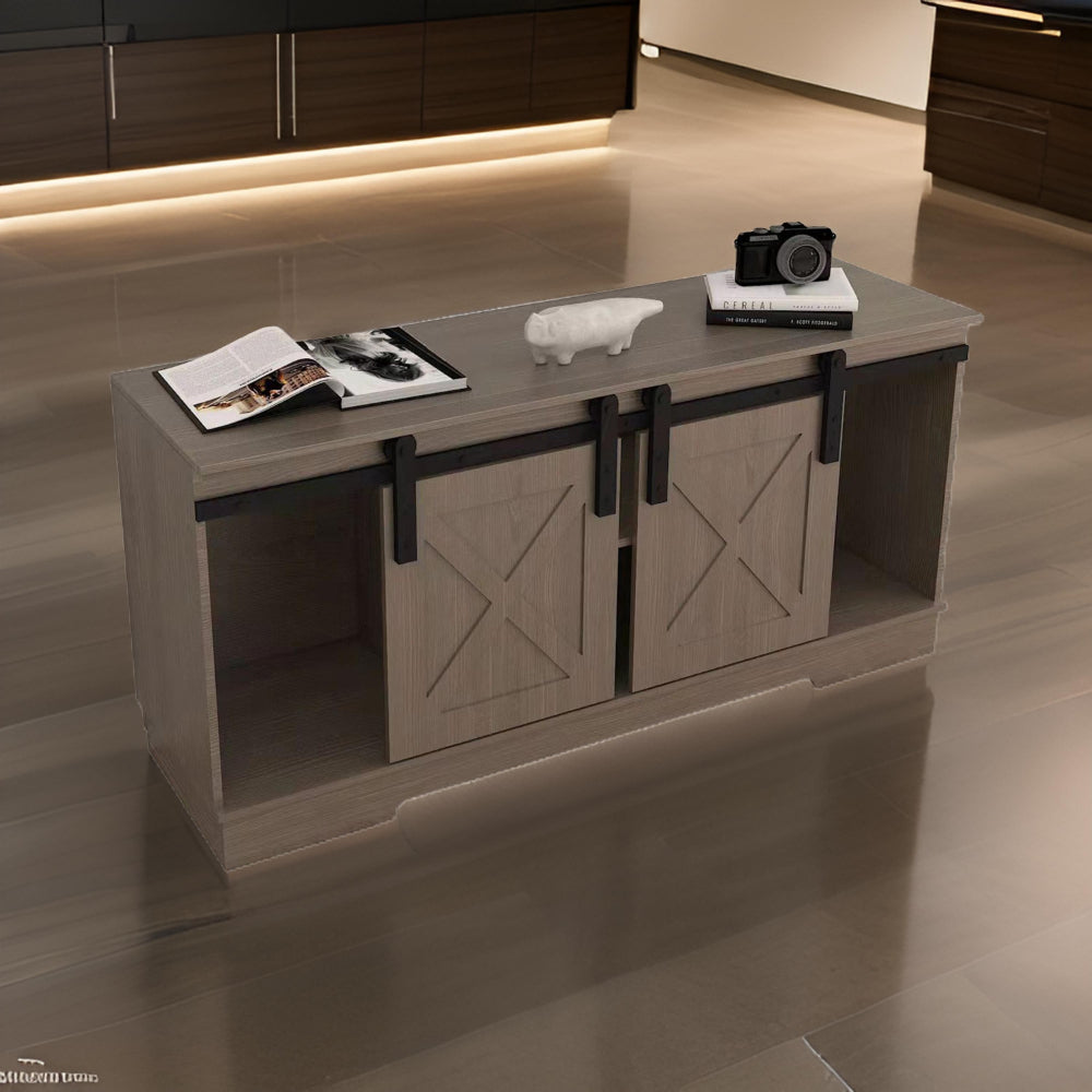 Jney 60 Inch TV Media Entertainment Console, 2 Sliding Barn Doors, Gray By Casagear Home