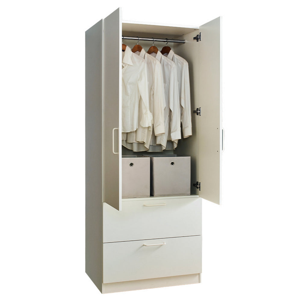 Rema 2 Door Standing Closet with 2 Drawers Chrome Hanging Bars White Wood By Casagear Home BM319208