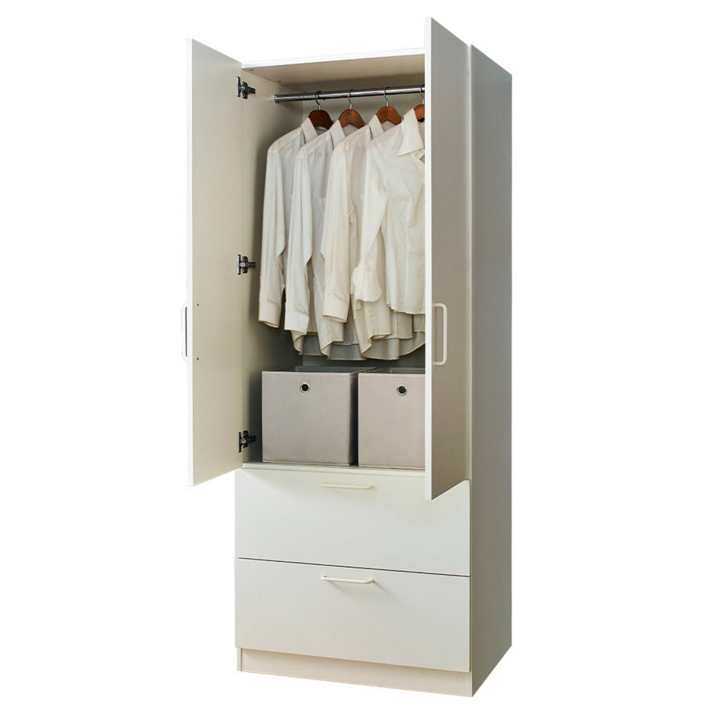 Rema 2 Door Standing Closet with 2 Drawers Chrome Hanging Bars White Wood By Casagear Home BM319208