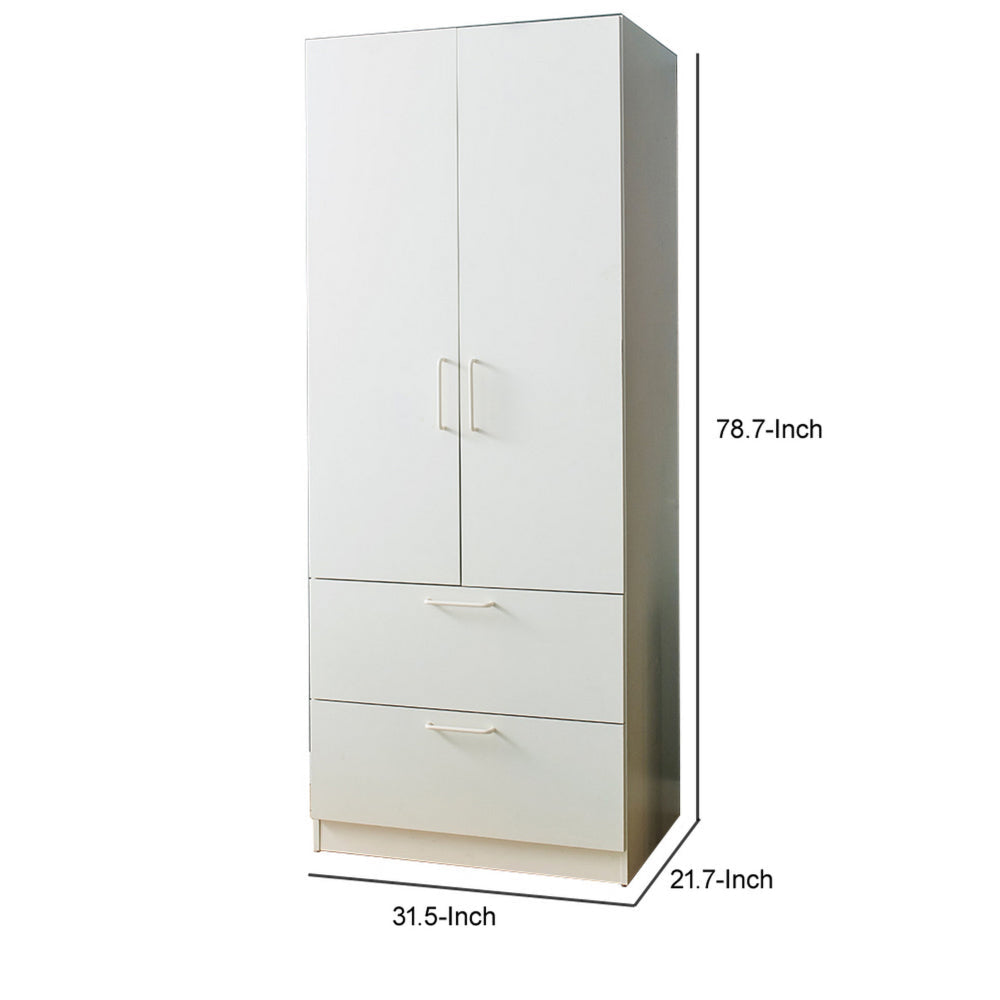 Rema 2 Door Standing Closet with 2 Drawers Chrome Hanging Bars White Wood By Casagear Home BM319208