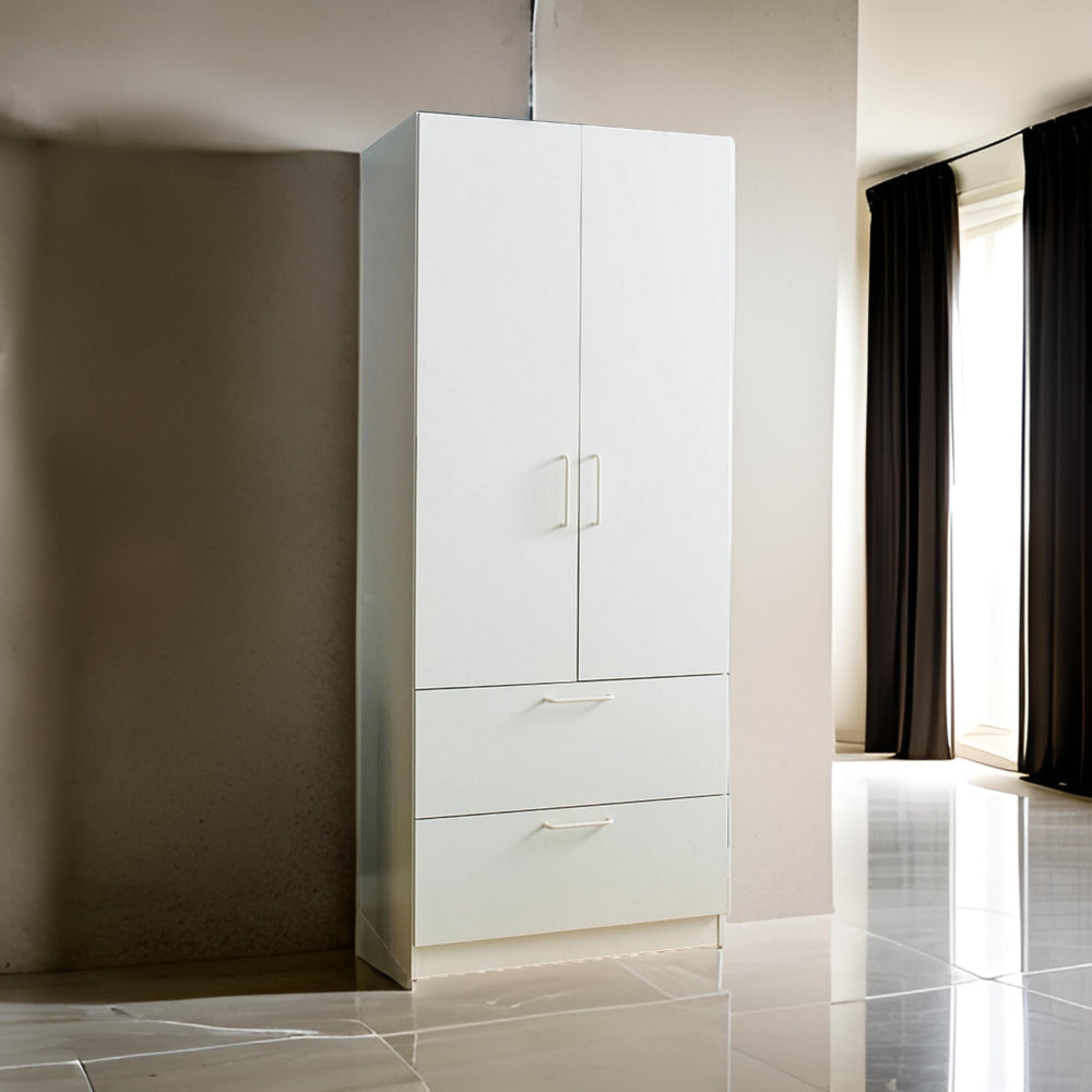 Rema 2 Door Standing Closet with 2 Drawers, Chrome Hanging Bars, White Wood By Casagear Home