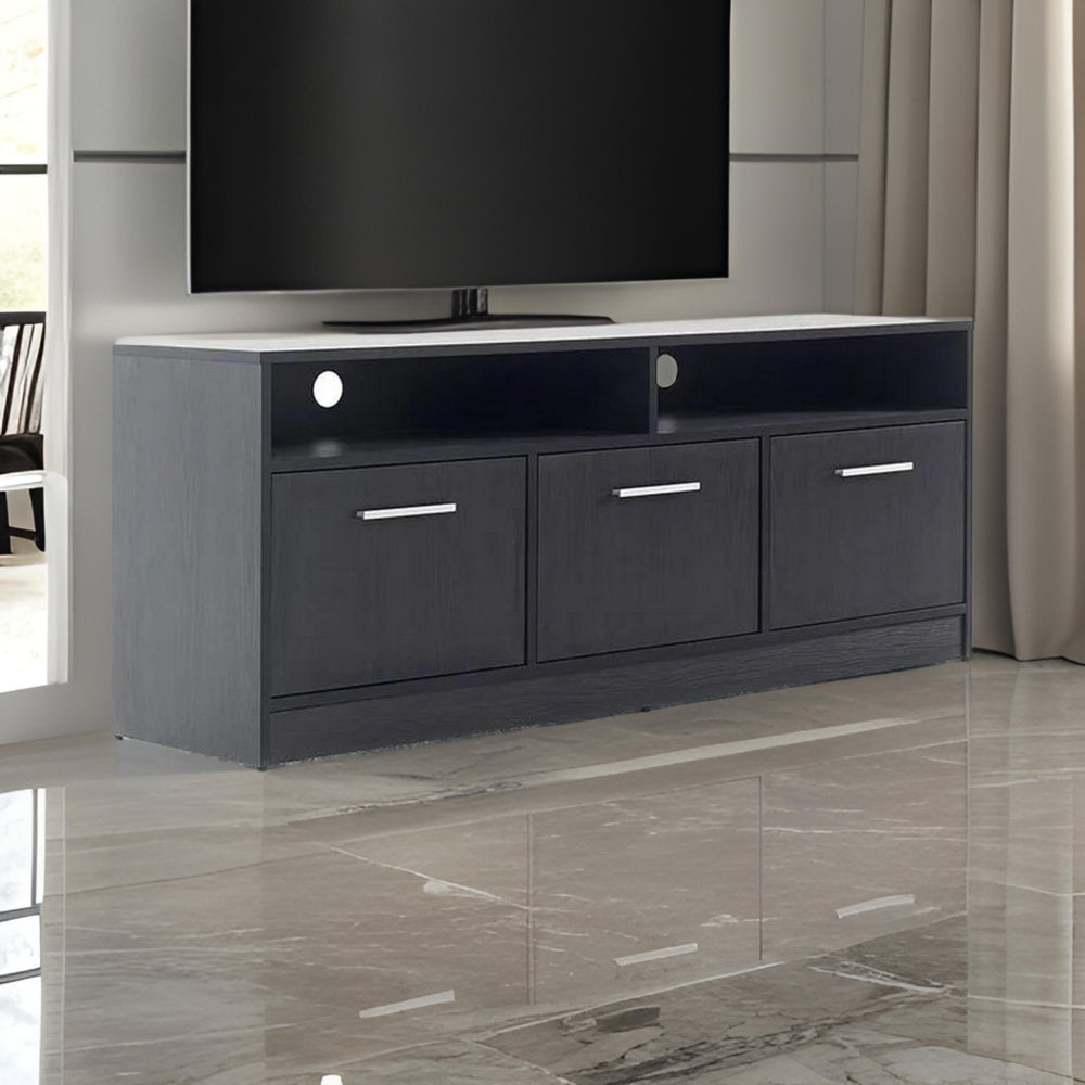Laed 63 Inch TV Media Entertainment Console, 3 Door, Plinth Base, Dark Gray By Casagear Home