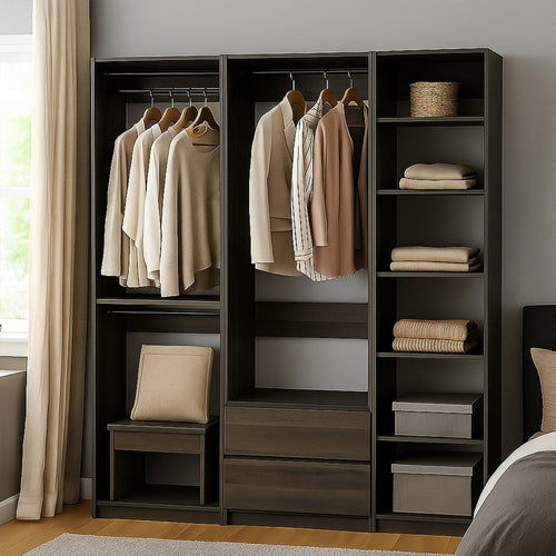 Dee Closet System, 5 Floating Shelves, 2 Drawers, Black Wood By Casagear Home
