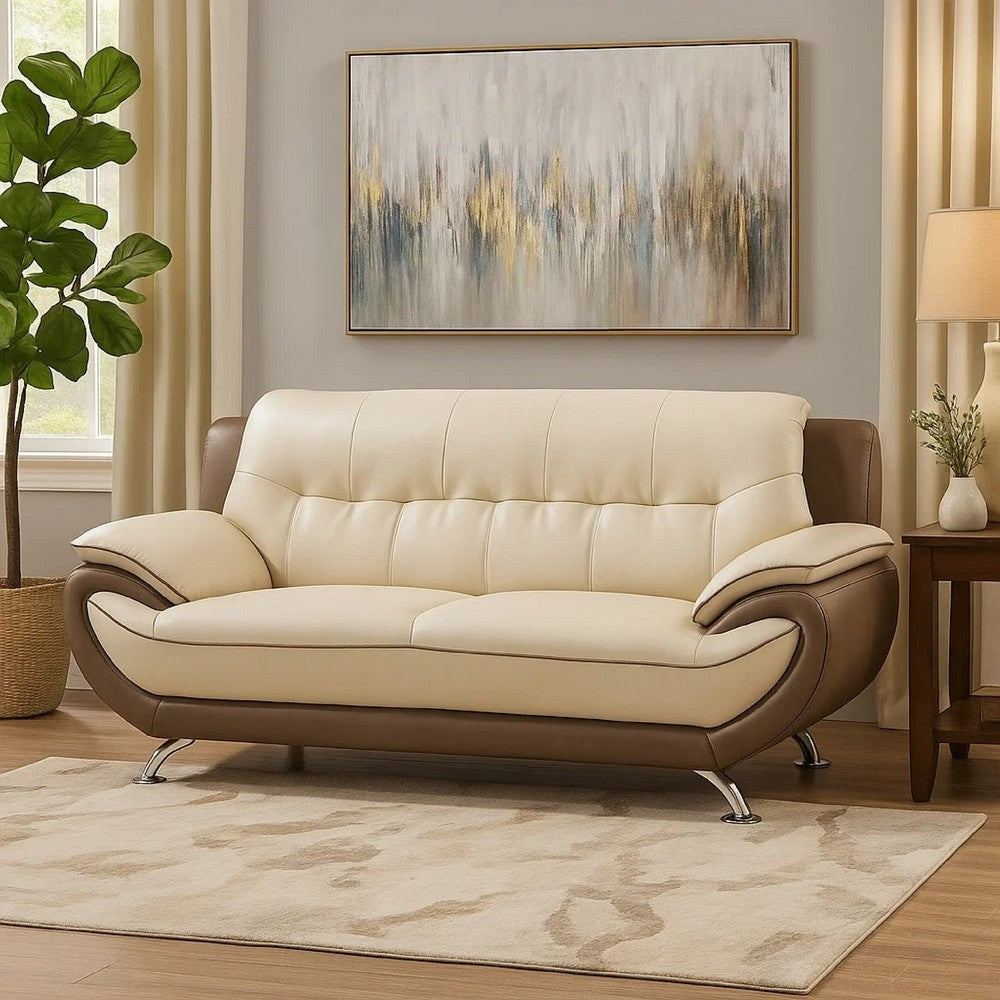 Diana 83 Inch Sofa, 2 Tone Brown Cream Genuine Leather, Pillow Arms, Chrome By Casagear Home
