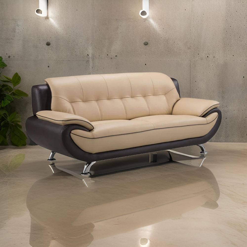 Diana 83 Inch Sofa, 2 Tone Brown Beige Genuine Leather, Pillow Arms, Chrome By Casagear Home