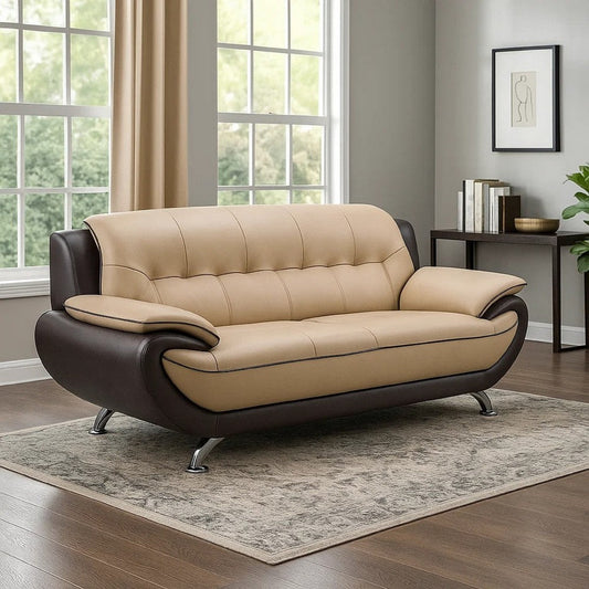 Diana 83 Inch Sofa, 2 Tone Brown Beige Genuine Leather, Pillow Arms, Chrome By Casagear Home