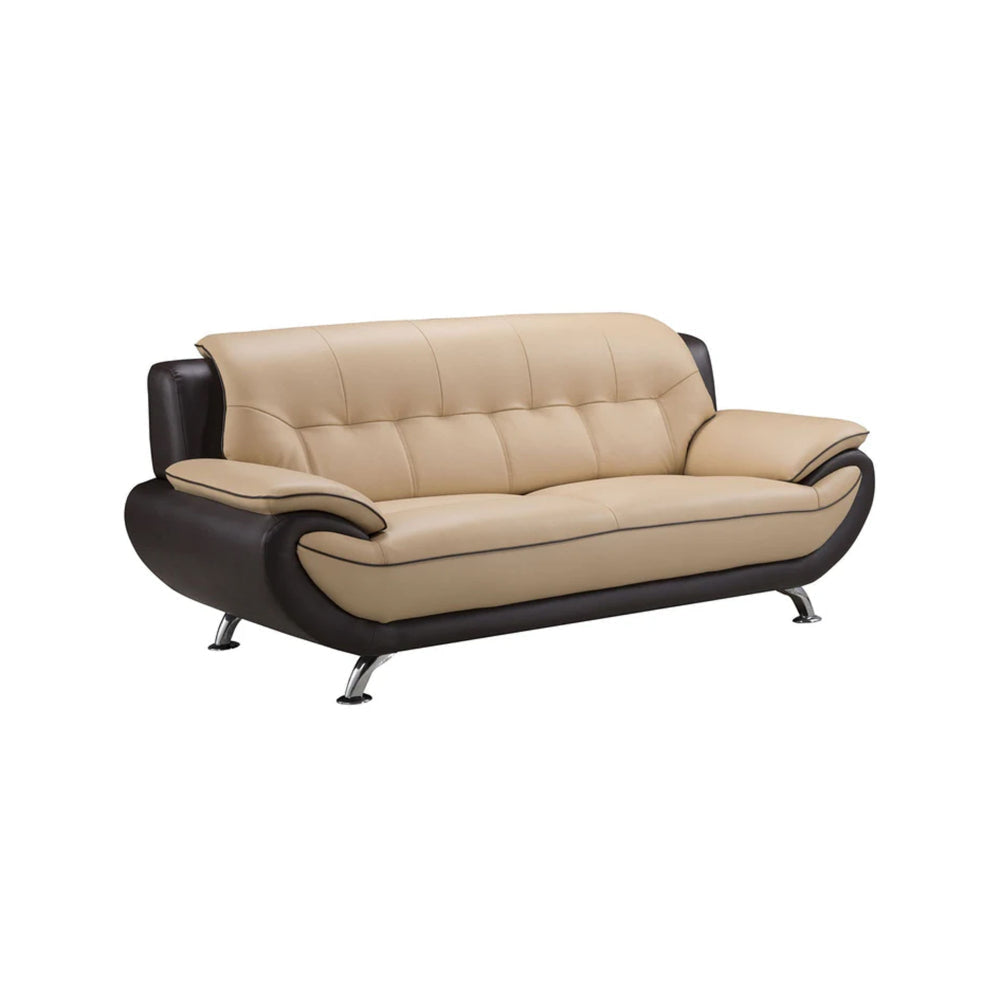 Diana 83 Inch Sofa, 2 Tone Brown Beige Genuine Leather, Pillow Arms, Chrome By Casagear Home