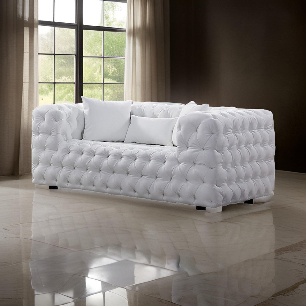 Sam 69 Inch Loveseat Chesterfield White Tufted Faux Leather Throw Pillows By Casagear Home BM319245