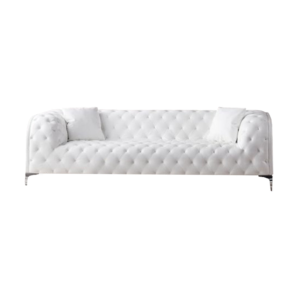 Sam Sofa, White Tufted Faux Leather, Throw Pillows, Steel Legs, 90 Inch By Casagear Home