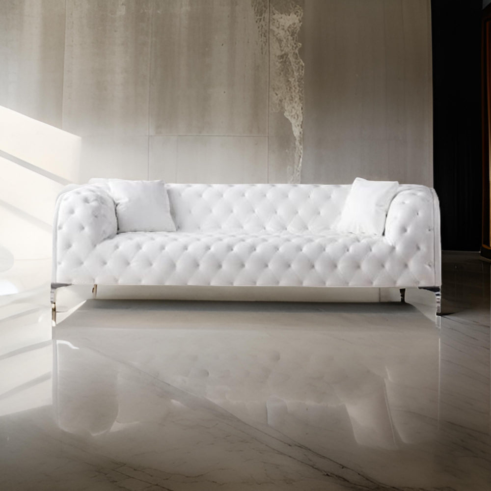 Sam Sofa White Tufted Faux Leather Throw Pillows Steel Legs 90 Inch By Casagear Home BM319248