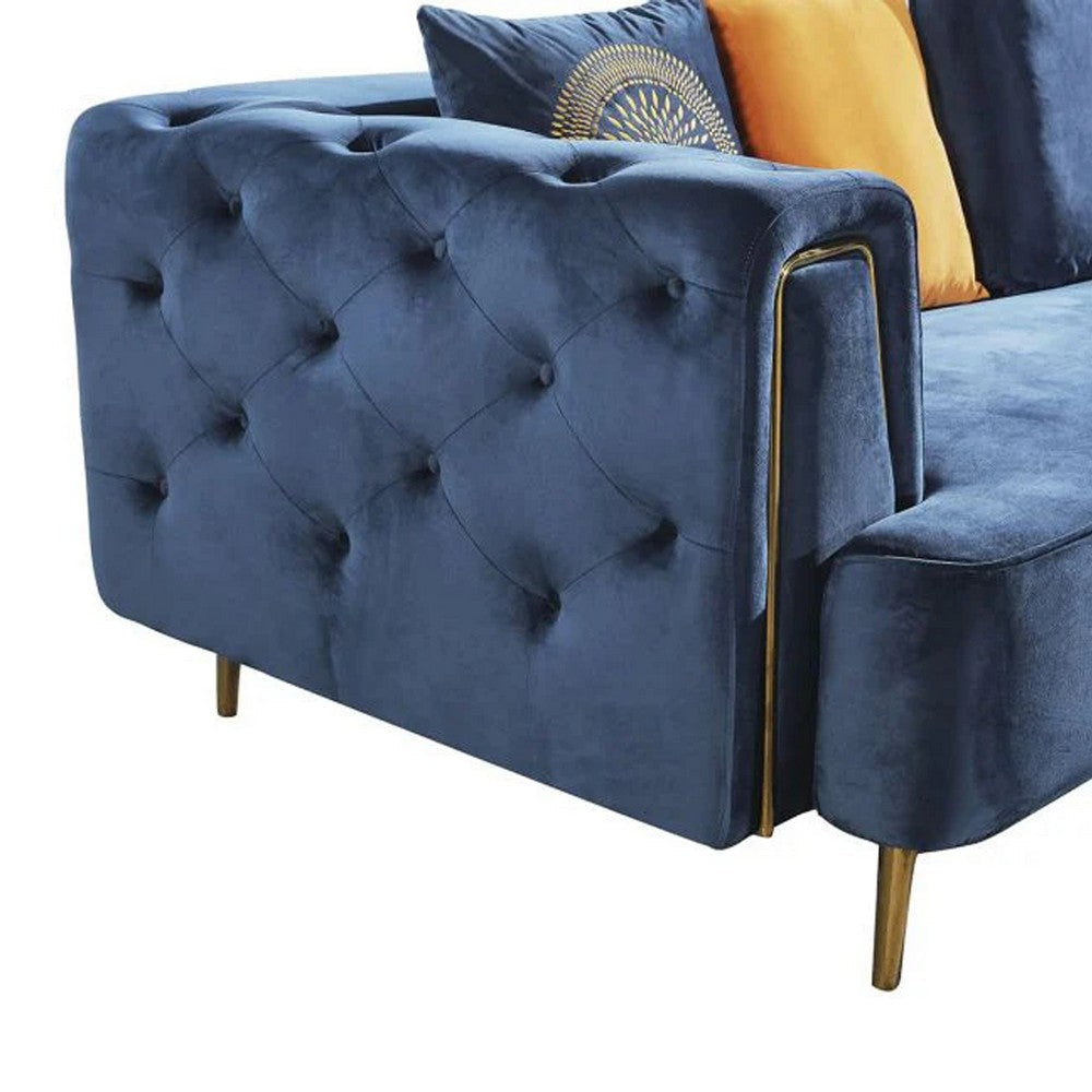 Azia Sofa Blue Velvet Tufted Arms Golden Accents Throw Pillows 83 Inch By Casagear Home BM319250