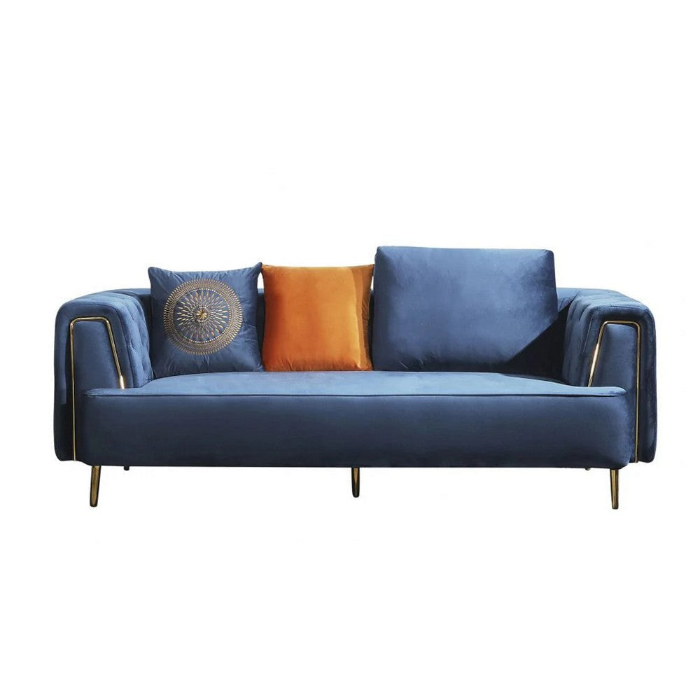 Azia Sofa, Blue Velvet, Tufted Arms, Golden Accents, Throw Pillows 83 Inch By Casagear Home