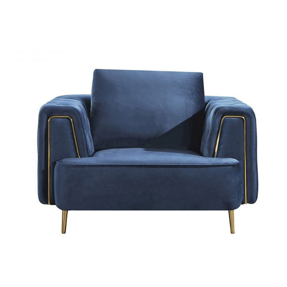 Azia Accent Chair, Blue Velvet, Tufted Arms, Gold Accents, 1 Throw Pillow By Casagear Home