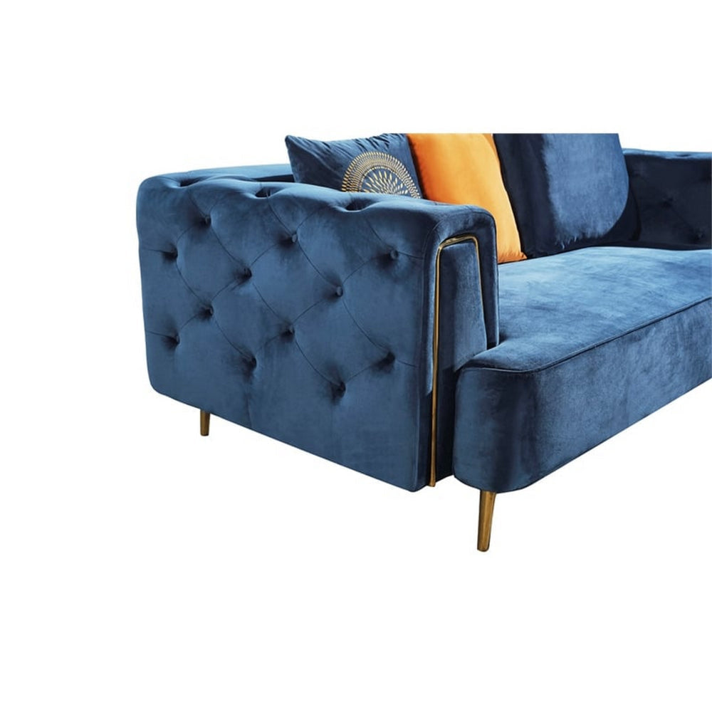 Azia Loveseat Blue Velvet Tufted Arms Golden Accents Legs 64 Inch By Casagear Home BM319252