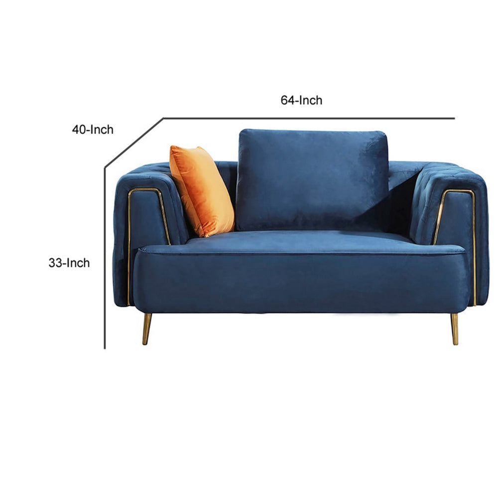 Azia Loveseat Blue Velvet Tufted Arms Golden Accents Legs 64 Inch By Casagear Home BM319252