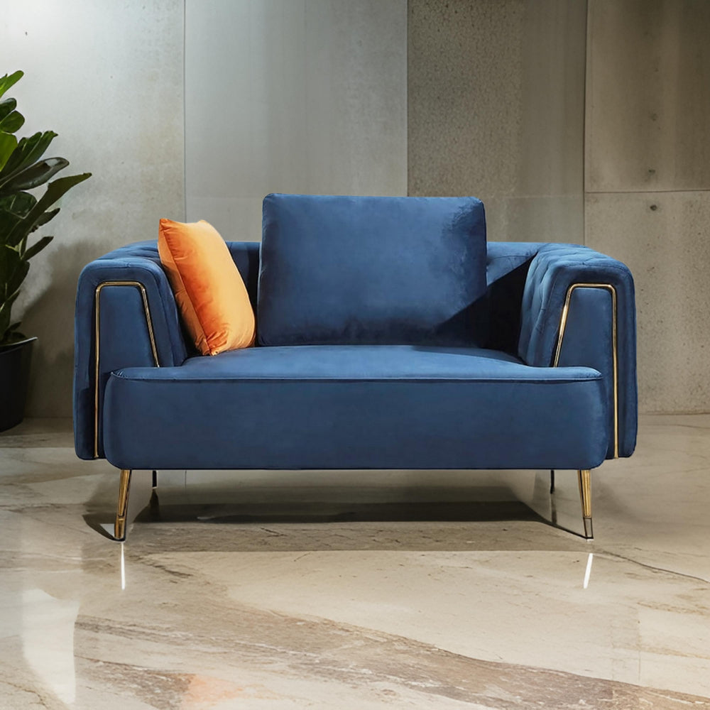 Azia Loveseat, Blue Velvet, Tufted Arms, Golden Accents, Legs 64 Inch By Casagear Home
