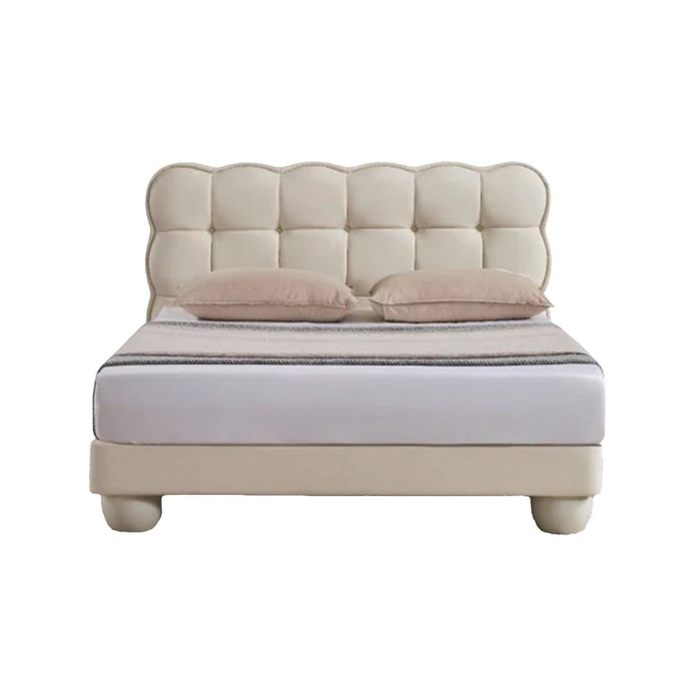 Alma Queen Bed Off White Faux Leather Upholstery Plush Tufted Headboard By Casagear Home BM319256