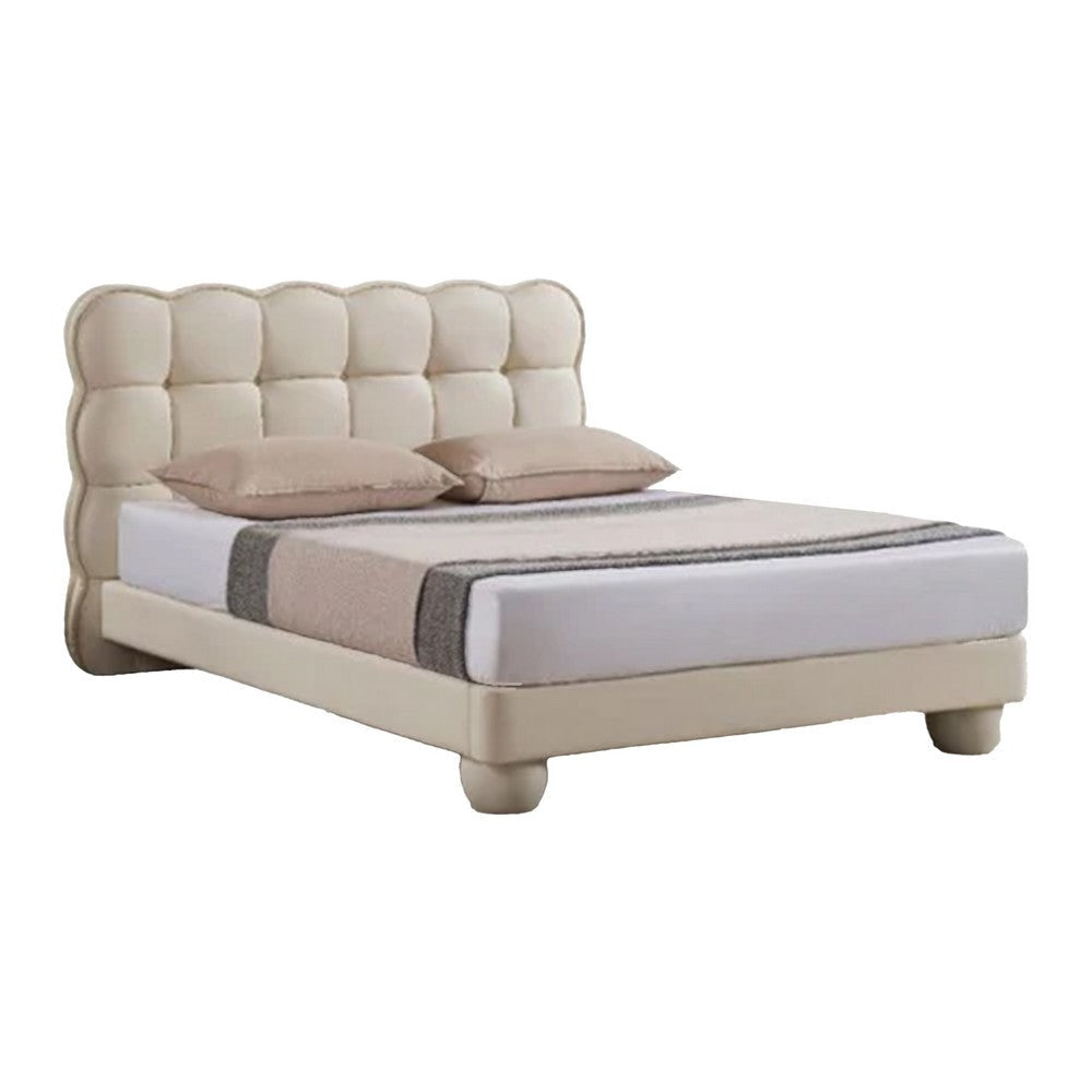 Alma Queen Bed, Off White Faux Leather Upholstery, Plush Tufted Headboard By Casagear Home