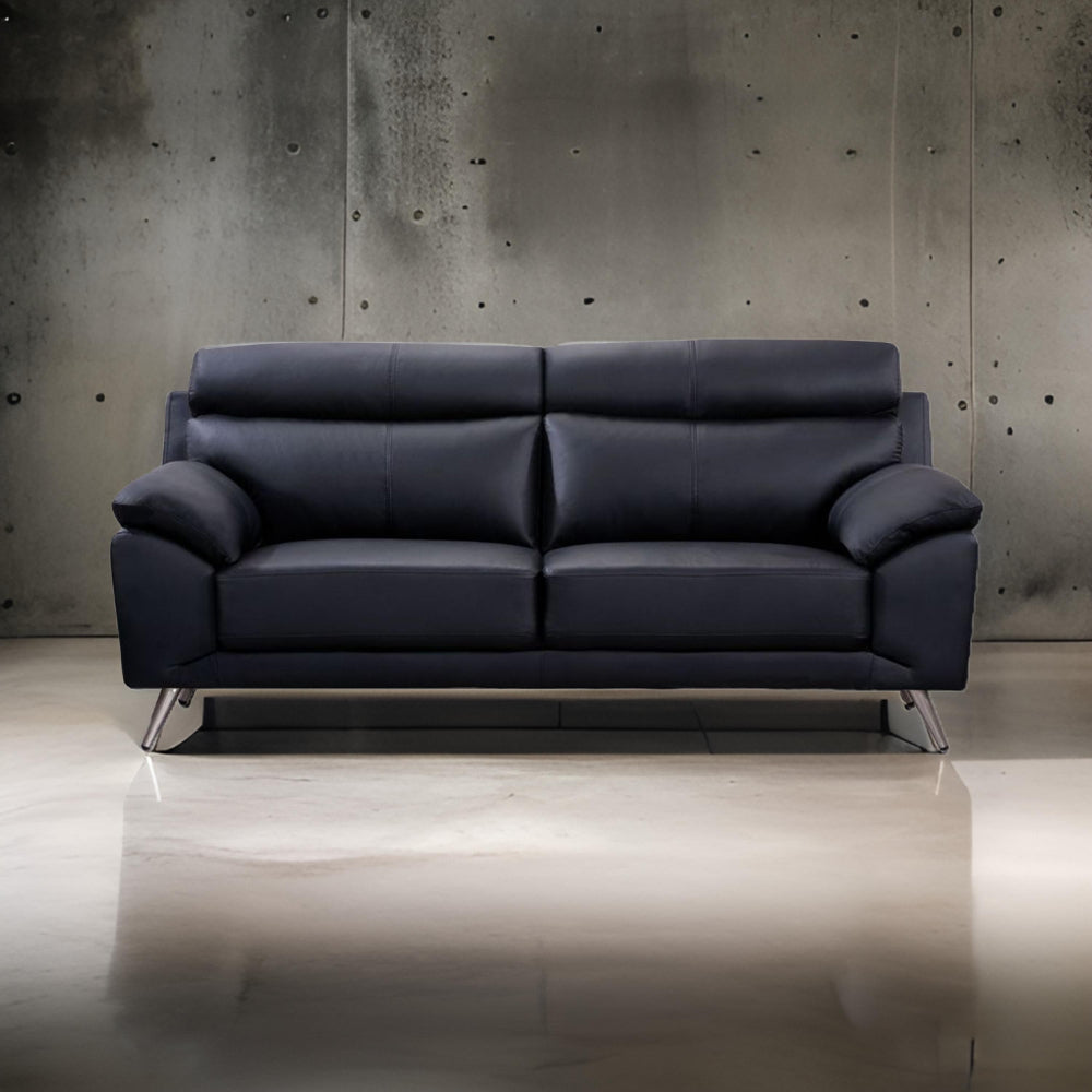 Justin Sofa, Black Top Grain Leather, Foam Cushions, Steel Legs, 80 Inch By Casagear Home