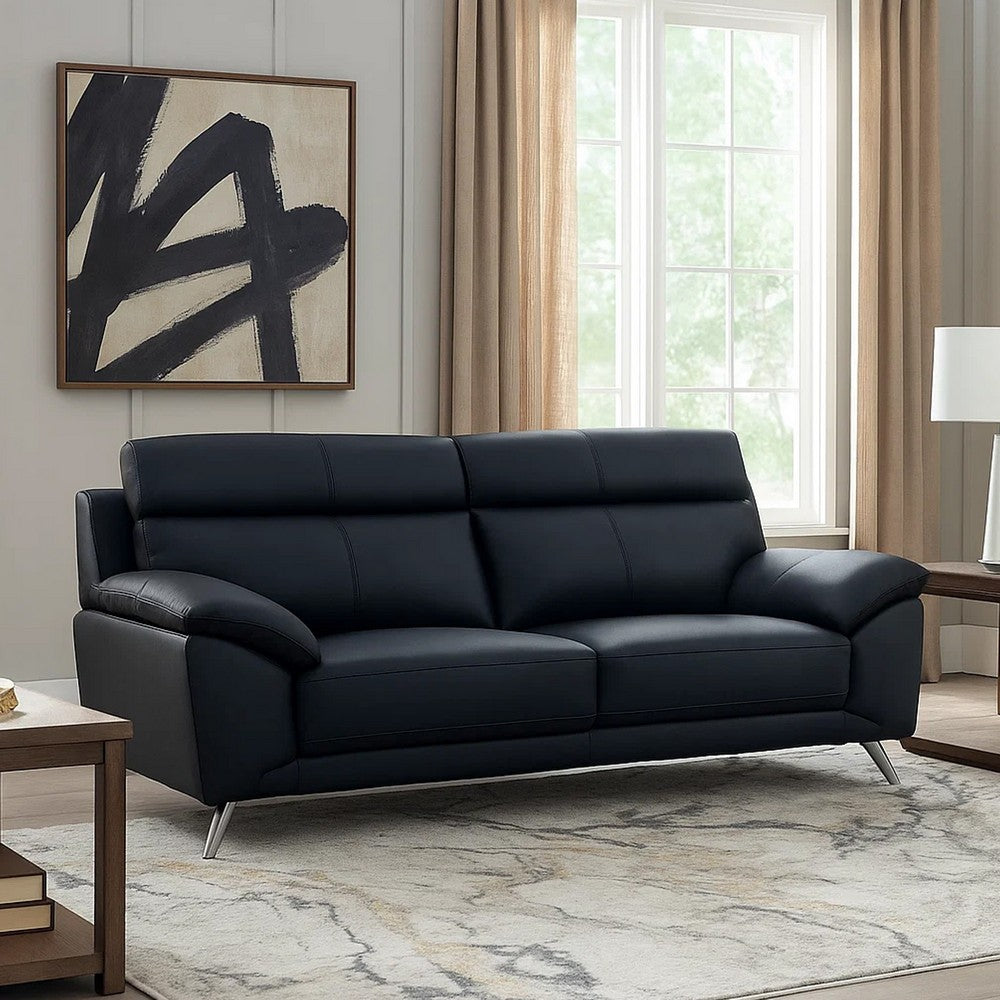 Justin Sofa, Black Top Grain Leather, Foam Cushions, Steel Legs, 80 Inch By Casagear Home