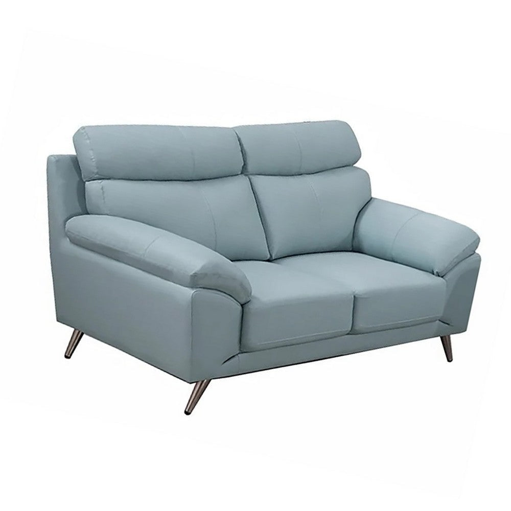 Justin 64 Inch Loveseat, Light Blue Top Grain Leather, Stainless Steel Legs By Casagear Home