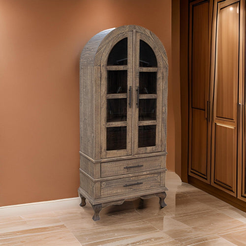 Lete 74 Inch Display China Cabinet Bookcase w Glass Doors, Gray Pine Wood By Casagear Home